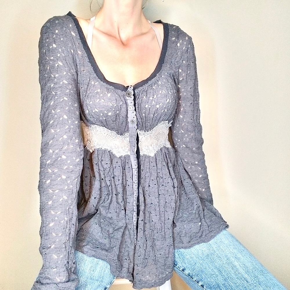 Free People Long Sleeve Babydoll Lace Top
